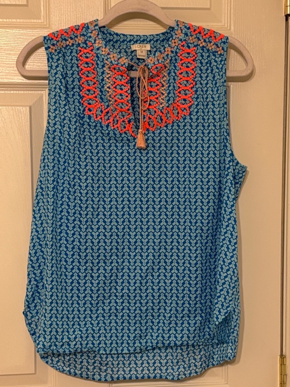 J. Crew Blue Printed Sleeveless Cotton Shirt with Coral Embroidery